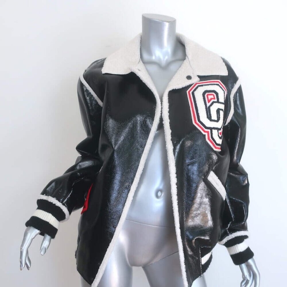 Opening Ceremony Shearling-Trim Varsity Jacket Black Faux Patent Size Small